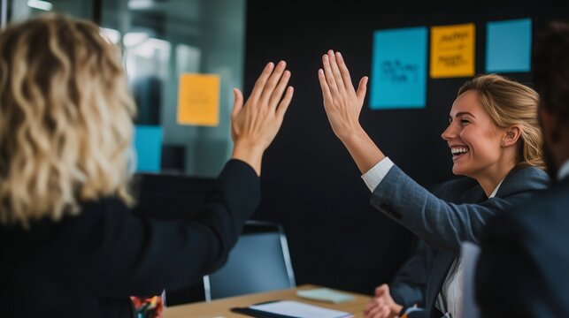 Business team celebrates success in a modern office with high-fives and smiles during a collaborative meeting in the afternoon