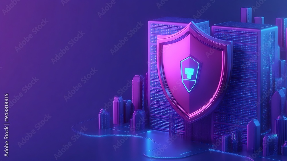 Poster 3d illustration featuring a large shield symbolizing cybersecurity and protection in front of a mode