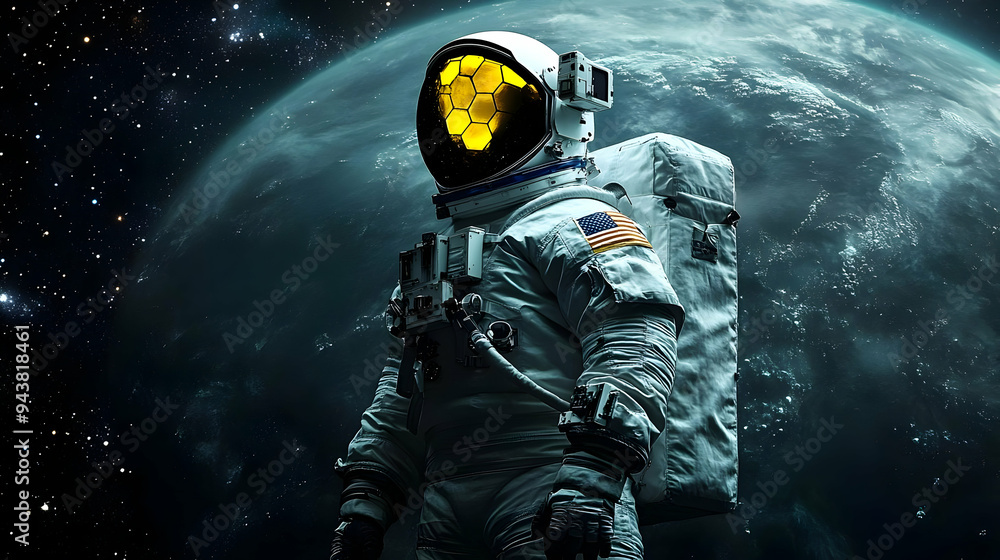 Aufkleber an astronaut in a white spacesuit stands in front of a planet with a starry background.