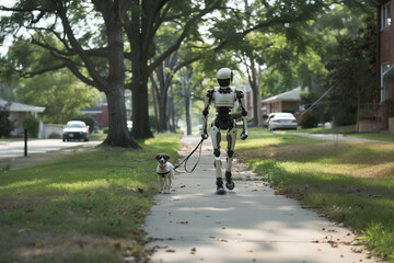 Fototapeta premium A humanoid robot walking a dog in a neighborhood park.A robot is walking a dog on a leash down a sidewalk