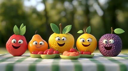 Joyful Claymation Fruit Picnic on White Background