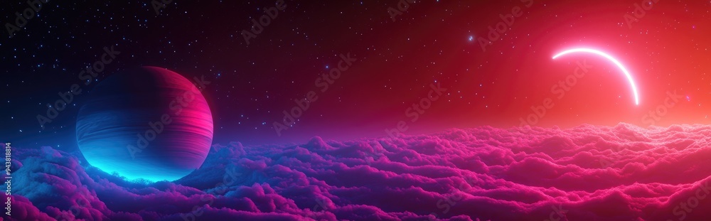 Poster sunrise on neptune a conceptual space illustration featuring a 3d cartoon rendering that emulates th