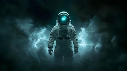 An astronaut stands in a dark space filled with swirling clouds, a nebula glowing brightly within the visor of his helmet.