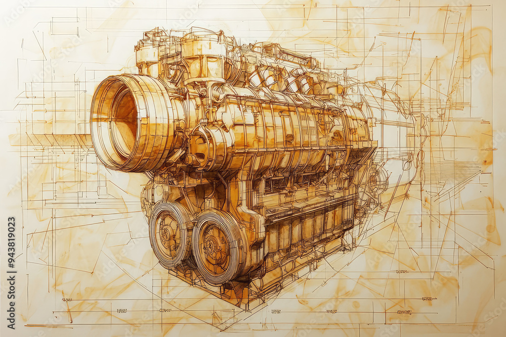Poster intricate engine blueprint: a technical representation of engineering precision and innovation in me