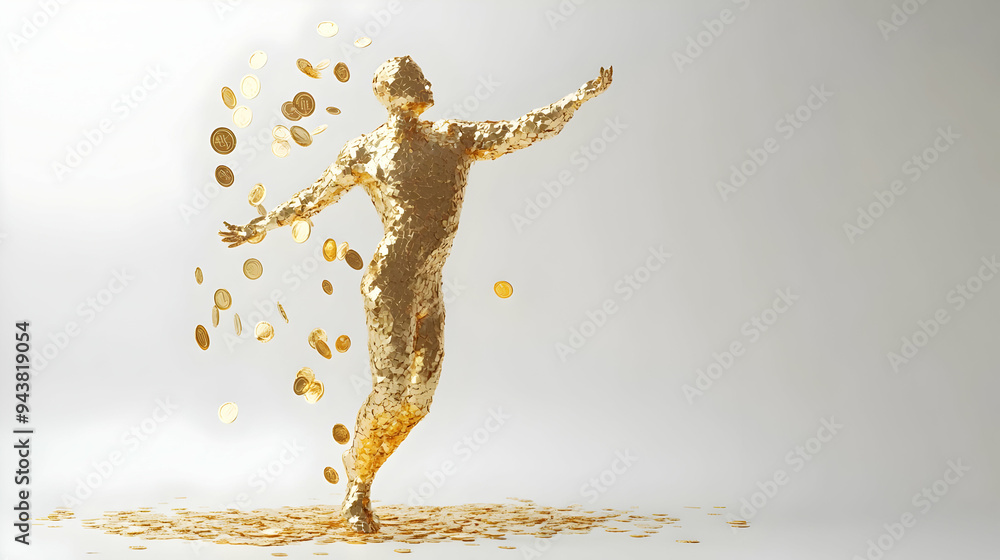Poster 3d icon person throwing gold coins concept as a person throwing gold coins into the air with a plain
