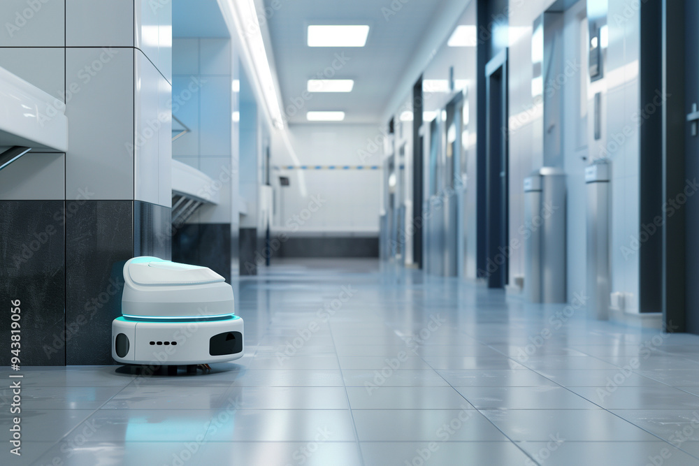 Poster autonomous cleaning robots sanitizing public restrooms and facilities.a robot is currently walking d