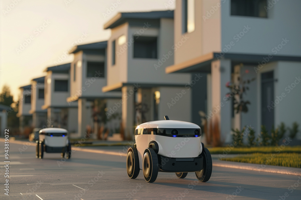 Poster autonomous delivery robots transporting packages to residential homes.three robots drive down a stre