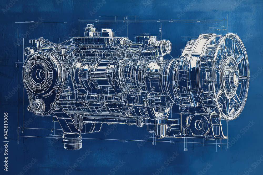 Poster intricate engine blueprint: a technical fusion of art and engineering design capturing mechanical co
