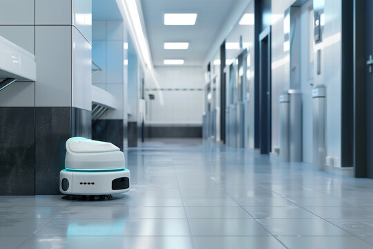 Autonomous cleaning robots sanitizing public restrooms and facilities.A robot is currently walking down a long hallway in a hospital building - Powered by Adobe