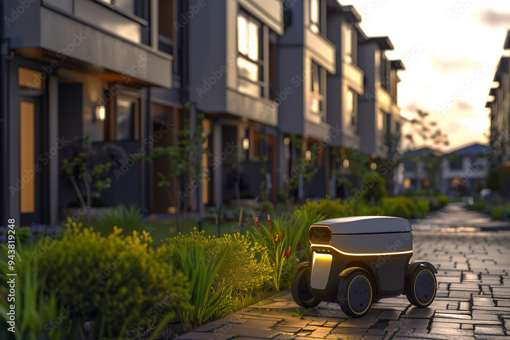Poster autonomous delivery robots transporting packages to residential homes.a robot is driving on a sidewa