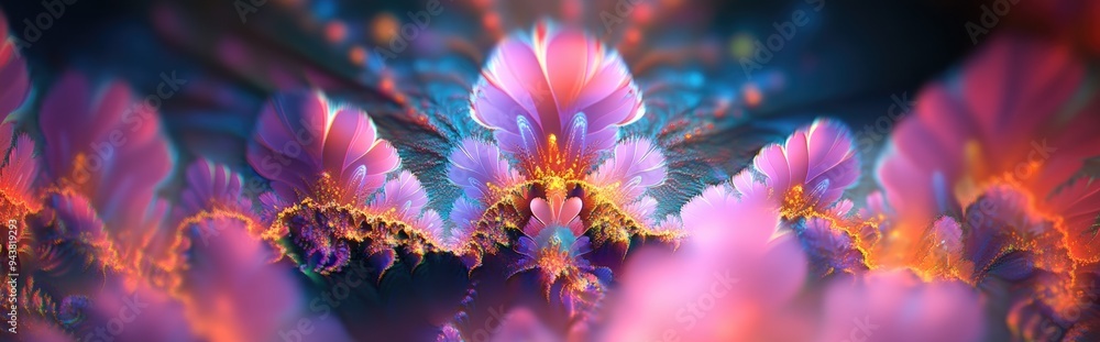 Poster Beautiful abstract background in 3D cartoon rendering featuring colorful floral fractals and modern graphic art This digital fantasy effect creates a trendy desktop wallpaper with a futuristic fra