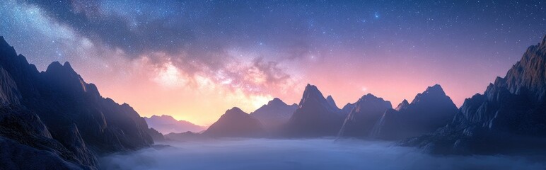 Fototapeta premium 3D cartoon depiction of the Milky Way above a foggy valley