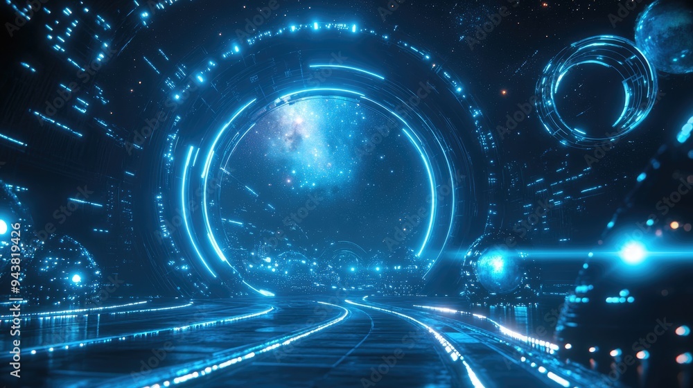 Poster 3d rendering of a dark cyberpunk style techno futuristic neon abstract background featuring a cosmos