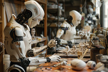 Naklejka premium Robot artists creating intricate sculptures and paintings in an art studio.Two robots are diligently working on a table in a workshop setting