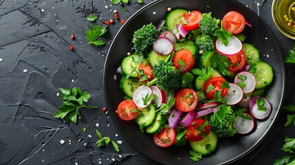 A colorful mix of freshly picked garden vegetables, drizzled with homemade herb dressing, arranged on a dark plate, set against a dark, textured surface,