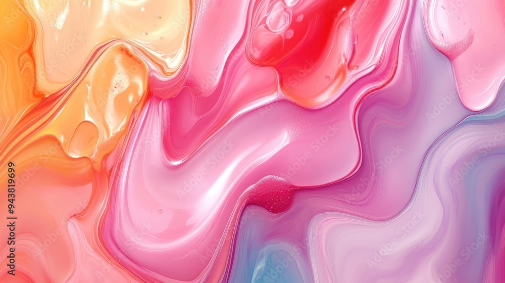 Poster Fluid Art in a colorful abstract background with mixing paints depicted in 3D cartoon rendering Modern art