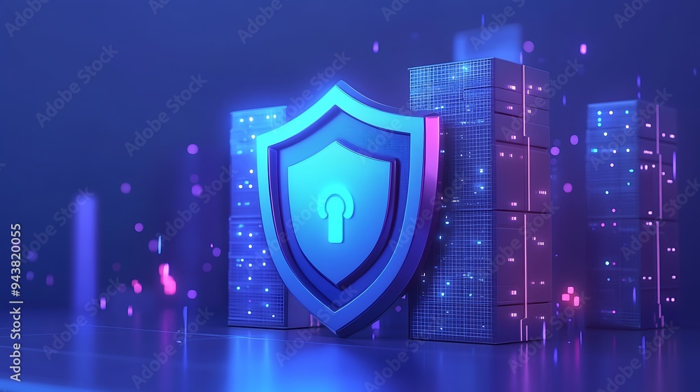 Poster 3d illustration of a lock icon on a shield in front of digital blocks, representing cybersecurity an