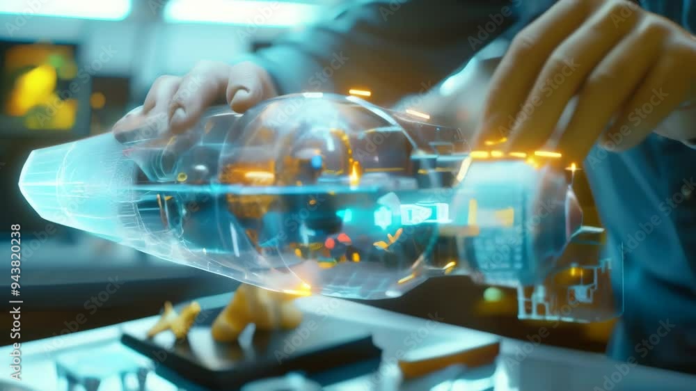 Poster Hands manipulating a holographic 3D model of a futuristic spacecraft in a high-tech engineering lab. Concept of advanced aerospace technology and innovation 