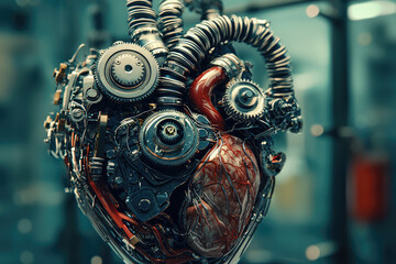 The Fusion of Emotion and Technology: A Stunning Mechanical Heart Blending Flesh and Metal in an Artful Display of Innovation.