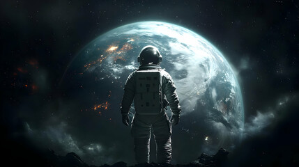 An astronaut stands on a rocky surface and looks at a distant planet.