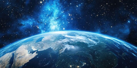 Obraz premium View of Earth with nebula stars and galaxy in a 3D cartoon rendering High resolution sci fi wallpaper showcasing Europe Africa and Asia from a space perspective