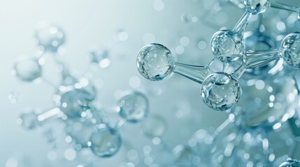 Water molecules and closeup of water on a light blue white gradient background, light gray tone, transparent glass material.