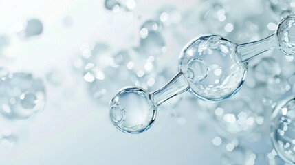Water molecules and closeup of water on a light blue white gradient background, light gray tone, transparent glass material.