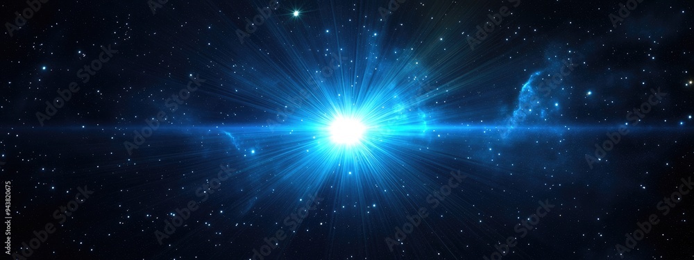 Poster illustration featuring bright shining blue light with lens flare lines set against a dark space sky 