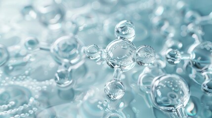 Water molecules and closeup of water on a light blue white gradient background, light gray tone, transparent glass material.