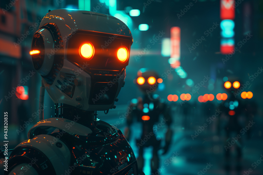 Aufkleber robot security guards patrolling sensitive areas and ensuring safety.robots with glowing red eyes st