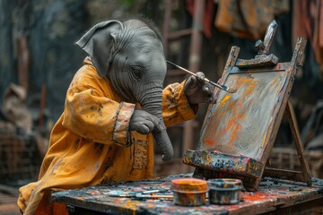 An elephant wearing a painters smock uses a paintbrush on an easel