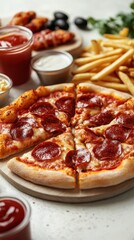 A delicious spread of fast food includes pepperoni pizza, golden fries, and flavorful dipping sauces arranged for a meal