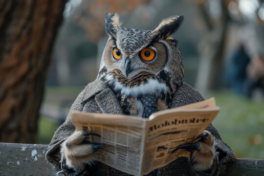 An owl dressed in a suit and tie, sitting on a bench and reading a newspaper