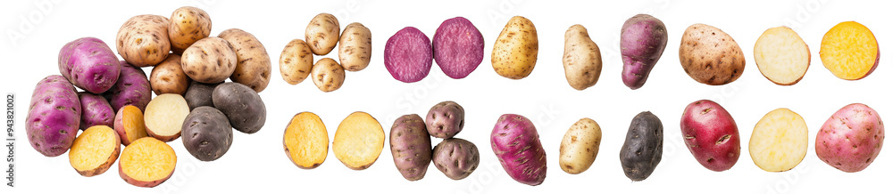 Poster explore a colorful array of potatoes with this vibrant collection featuring purple, red, and yellow 