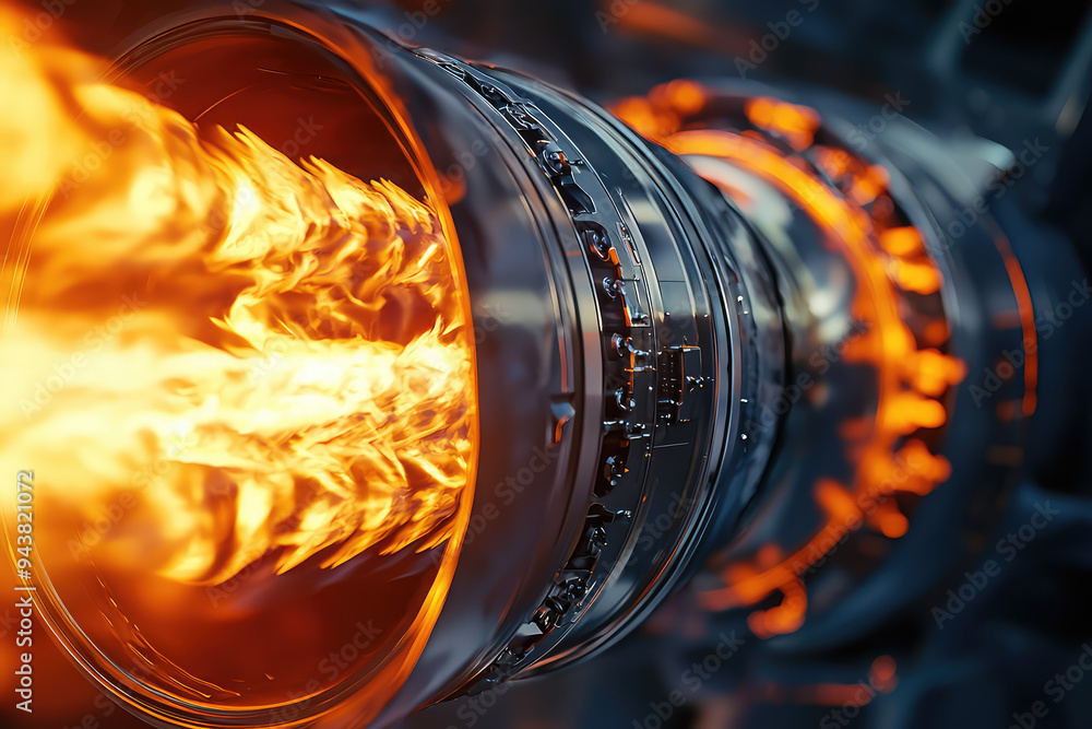 Poster a mesmerizing view of a jet engine in operation, showcasing the intense flames and intricate design 