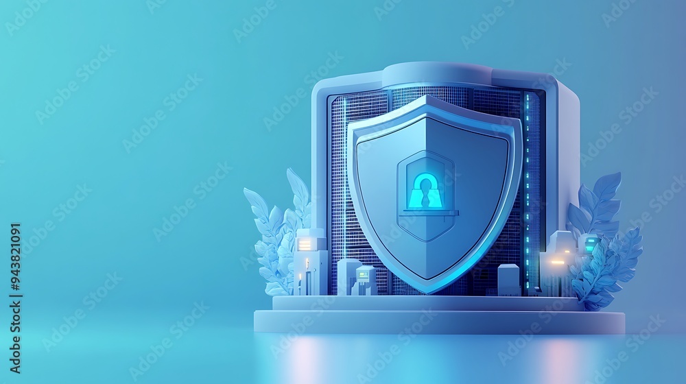 Poster 3d illustration of a secure server system with a shield and lock, symbolizing data protection and cy