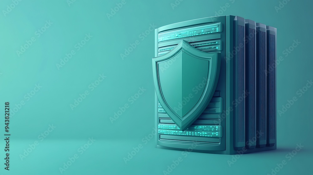 Poster 3d illustration of a secure server with a shield on teal background, symbolizing data protection and