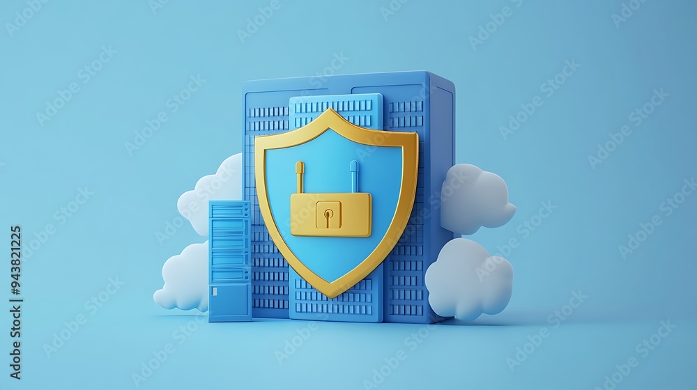 Poster 3d illustration of a secure server with a shield and lock icon, cloud computing and data security co