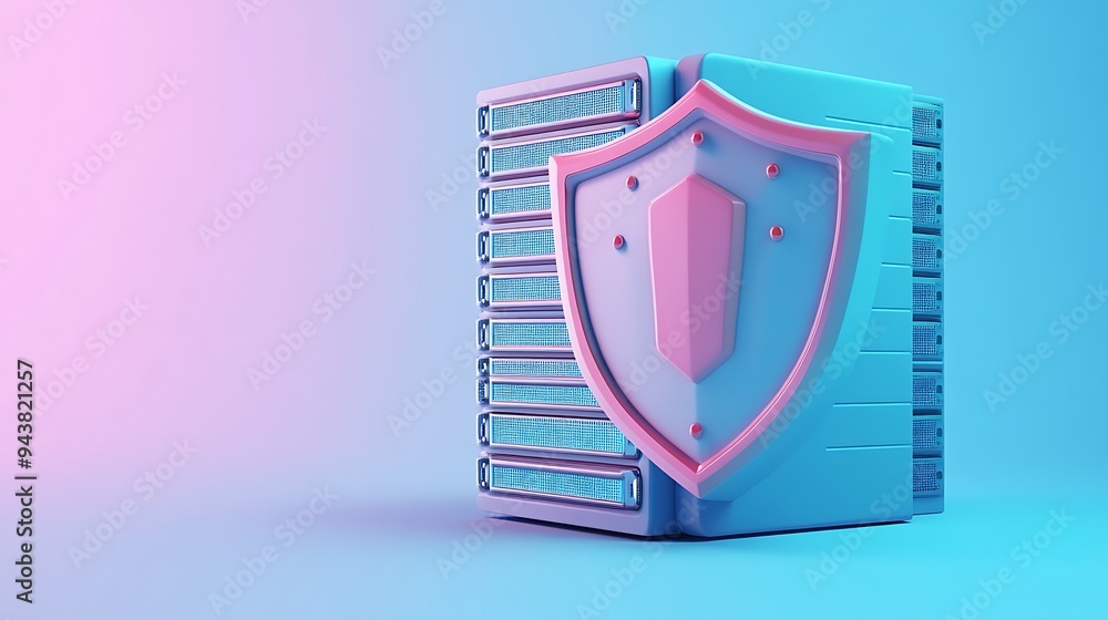 Poster 3d illustration of a secure server with a shield symbol, representing data protection and cybersecur