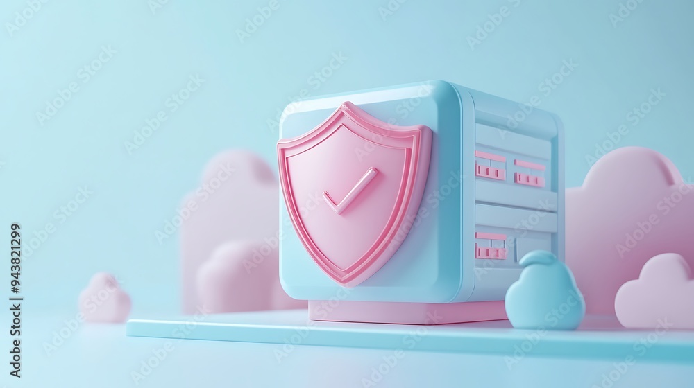 Poster 3d illustration of a secure server with shield icon representing cloud data protection and cybersecu