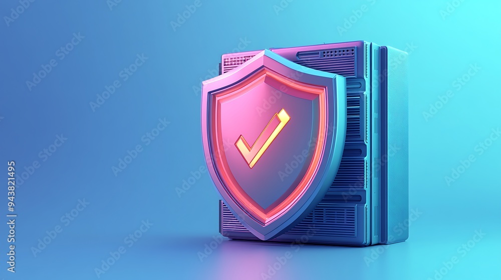 Poster 3d illustration of a security shield icon with a check mark in front of a server. concept of data pr