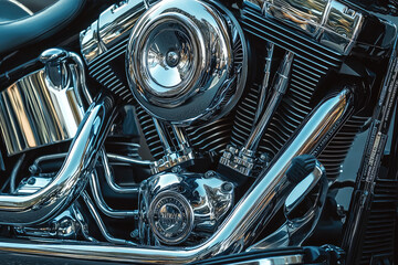 Discover the Power of a Shiny Motorcycle Engine: An Exposed View of Strength and Craftsmanship in Automotive Engineering.
