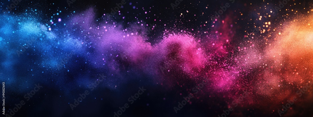Aufkleber Abstract powder splatted background in 3D cartoon rendering featuring freeze motion of color powder exploding and multicolored glitter texture on a dark backdrop