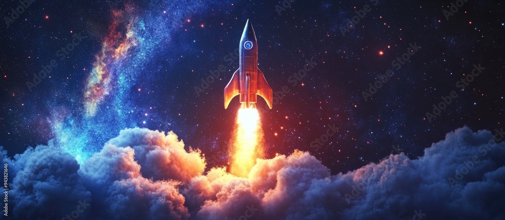 Poster Spaceship launching into a starry sky in a 3D cartoon rendering Rocket ascends into space Concept