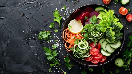 A colorful mix of spiralized zucchini, carrots, and beets, lightly dressed with lemon and olive oil, arranged on a dark plate, set against a dark, textured surface,