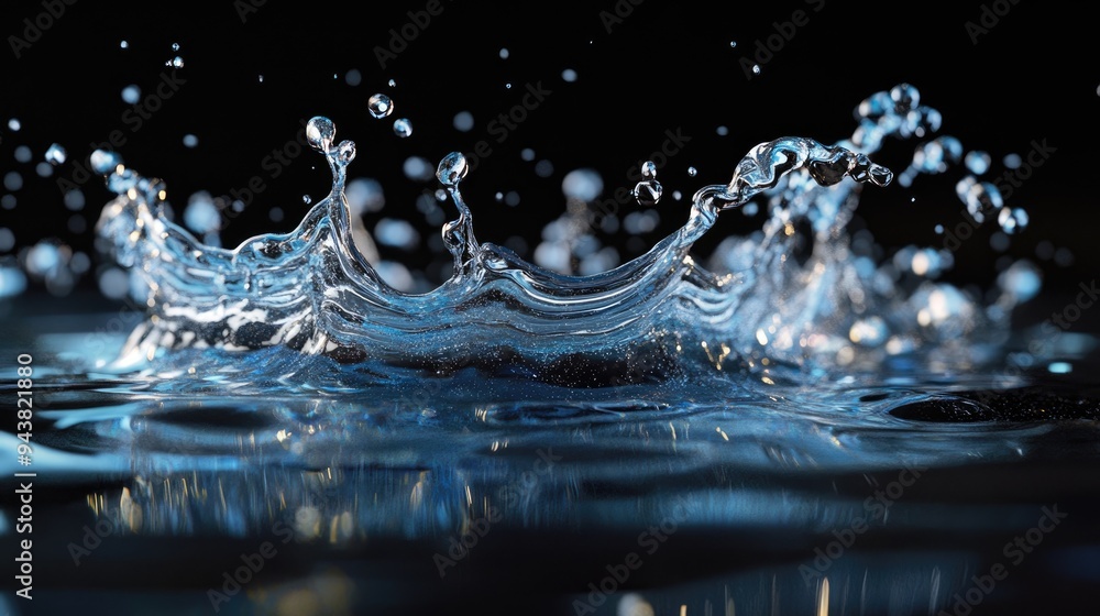 Poster splashing water in a 3d cartoon rendering against a black background