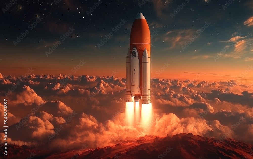 Aufkleber Spaceship in orbit around Mars depicted in a 3D cartoon rendering with a space shuttle and clouds in the sky showcasing the exploration of the Red Planet