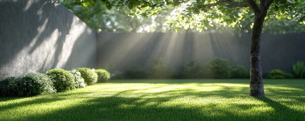 Naklejka premium Sunlight Illuminates Freshly Grown Grass in a Minimalist Garden, Embracing the Natural Order and Beauty of a Serene Landscape