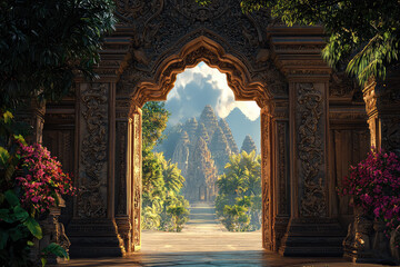 Fototapeta premium Step Into Magic: A Journey Through Ancient Gates to a Lush Paradise Beyond, Bathed in Light and Serenity.