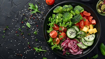 A colorful mix of traditional vegetables and exotic fruits like mango and papaya, arranged on a dark plate, set against a dark, textured surface, showcasing the vivid colors and crisp textures,